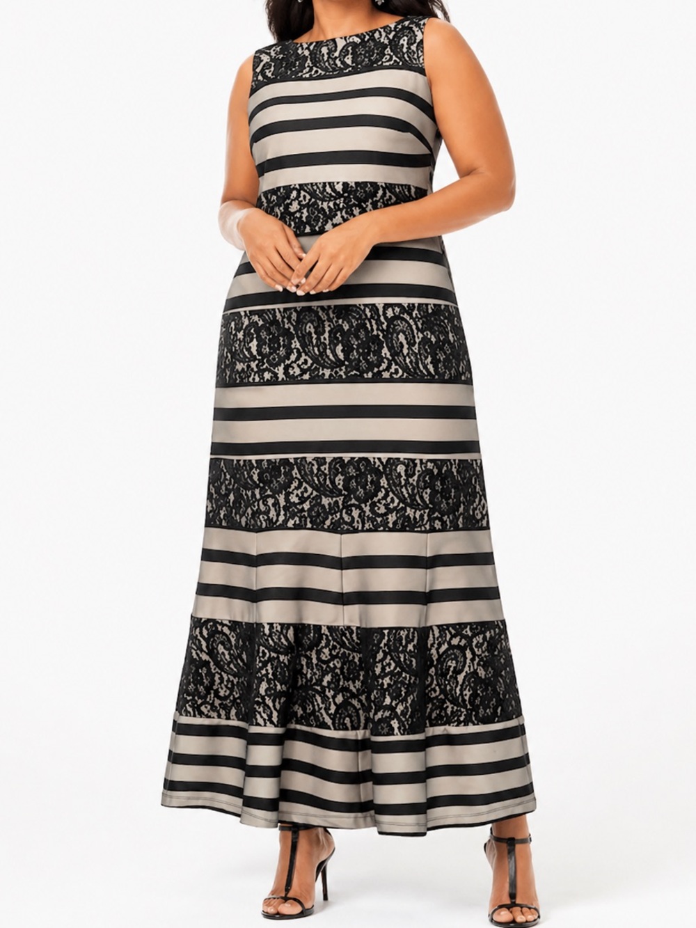 Ashro NWT PLUS Size Black Cream Striped Sequin Lace Panel Maxi Dress Size 24W‎